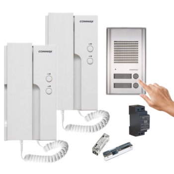 ZESTAW DOMOFONOWY COMMAX 2x UNIFON DP-2HPR(DC) + STACJA BRAMOWA DR-201AG + ZASILACZ MEAN WELL HDR-30-12 + ELEKTROZACZEP R4-12.10 12VDC